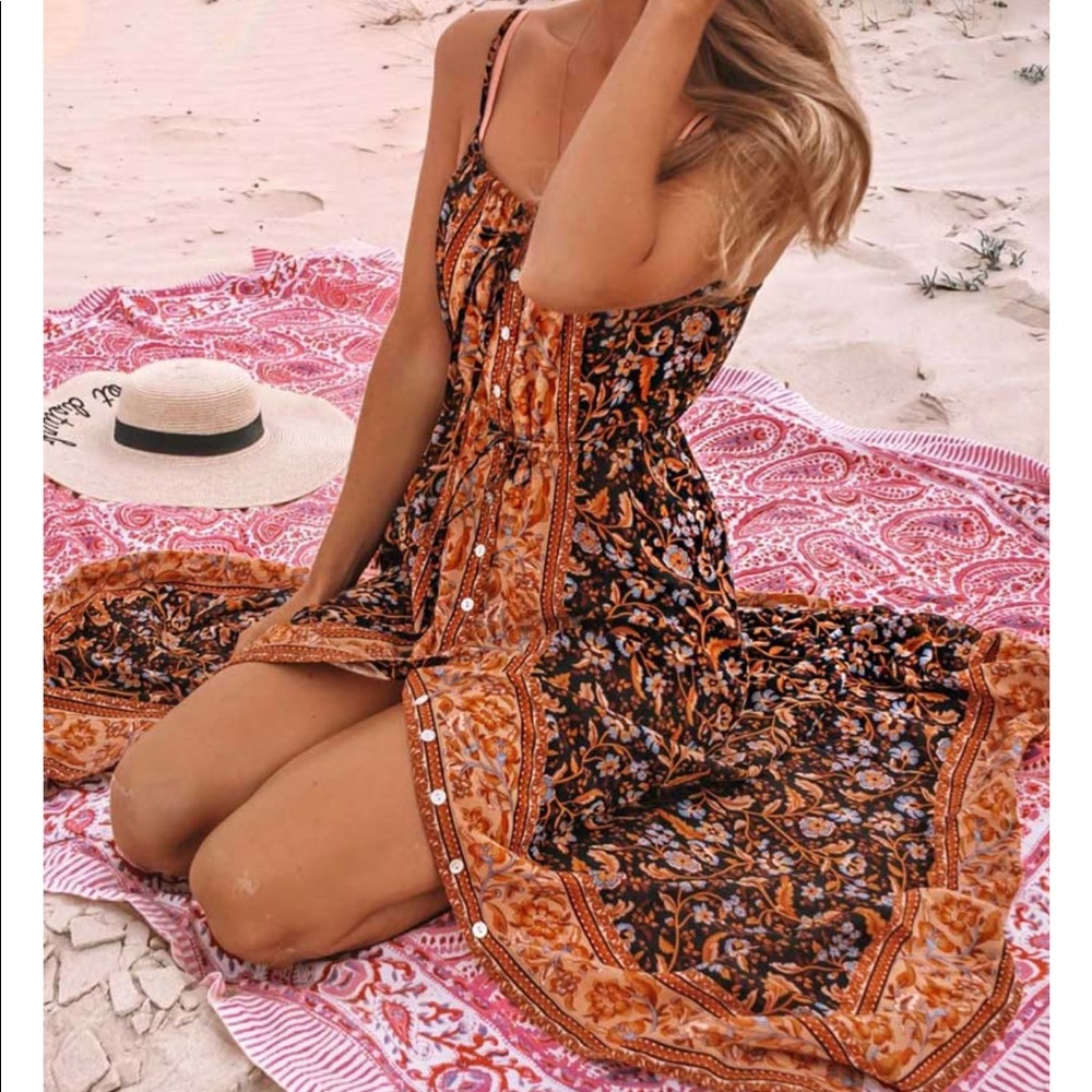 Gypsy Boho Floral ButtonUp Midi Dress Black Orange - Picture 3 of 8